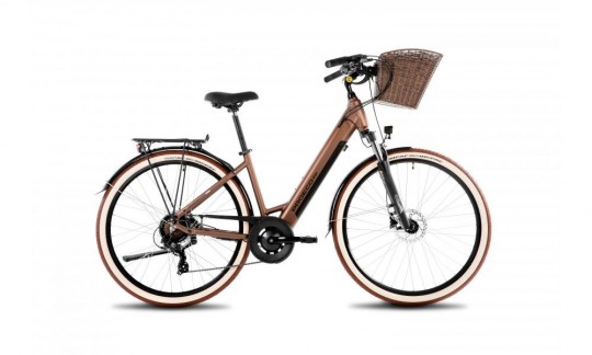 rower miejski elektryczny proeco by romet wave an 10 2025 koszyk brazowy