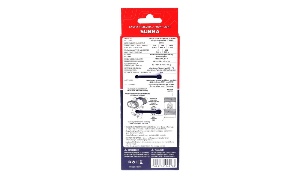 Lampa przód Prox Subra USB 600Lumenów 1800mAh