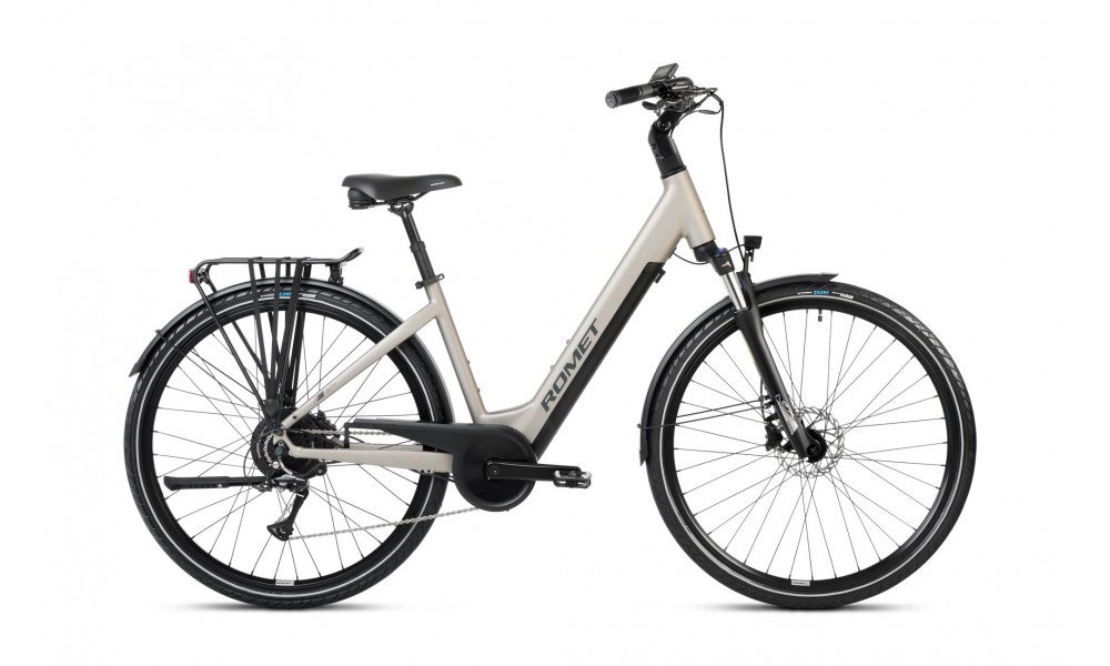 Rower miejski elektryczny ROMET e-Modeco URB 1.0 2024 - szampańsko-czarny