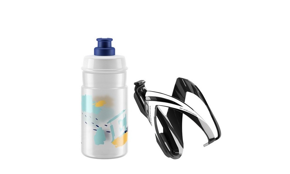 Bidon Elite Jet 350ml + czarny koszyk Elite Kit Ceo - biało-niebieski
