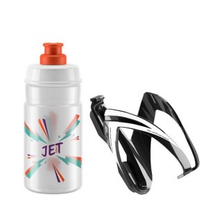 Bidon Elite Jet 350ml + czarny koszyk Elite Kit Ceo - biało-pomarańczowy 1