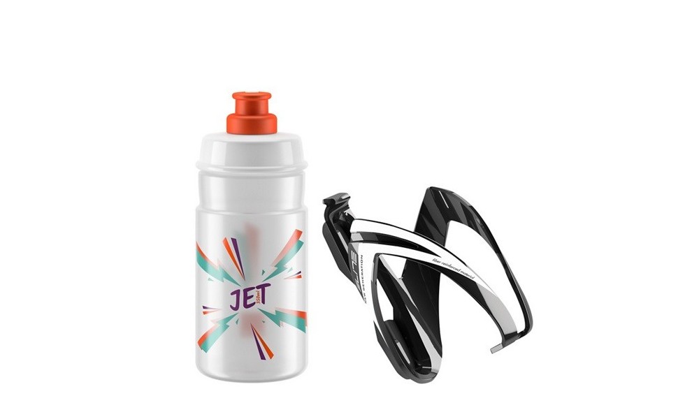 Bidon Elite Jet 350ml + czarny koszyk Elite Kit Ceo - biało-pomarańczowy