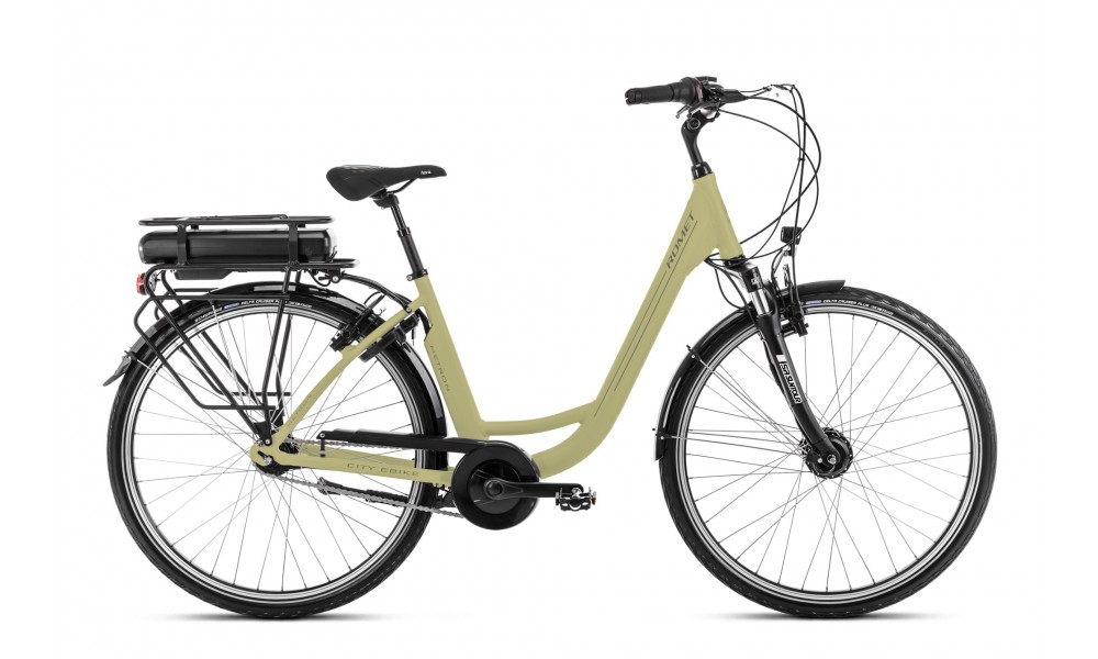 Rower miejski elektryczny Romet Metron  - beżowo-złoty