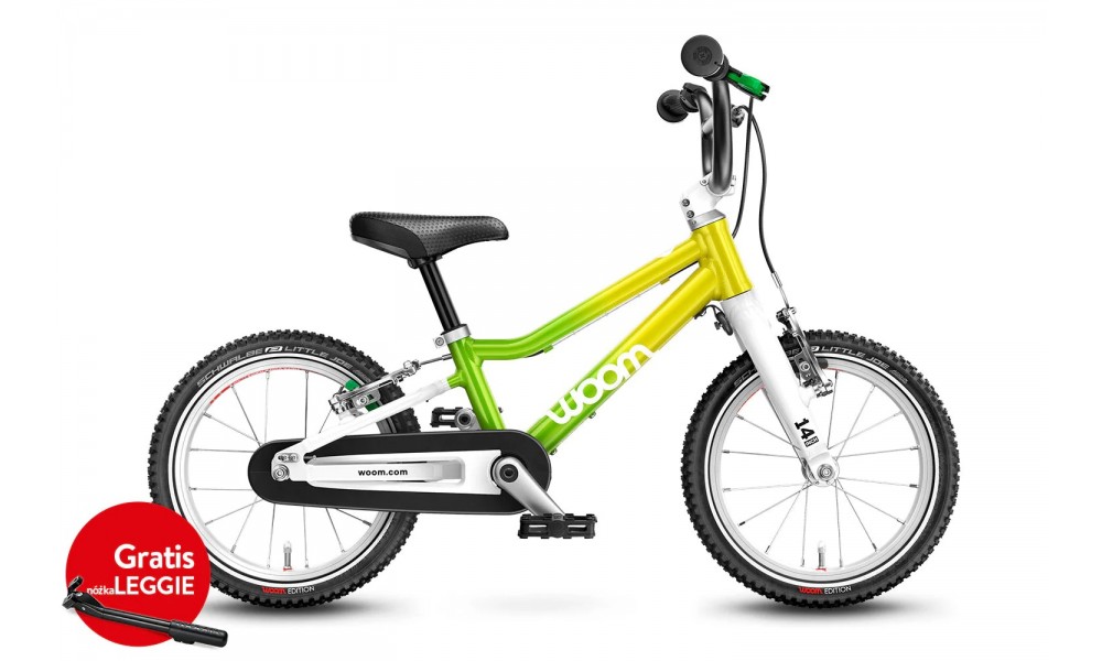 Rower dziecięcy Woom 2 14"  + podpórka Leggie S - zielony-żółty