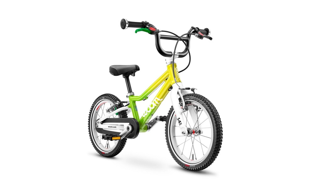Rower dziecięcy Woom 2 14"  + podpórka Leggie S - zielony-żółty