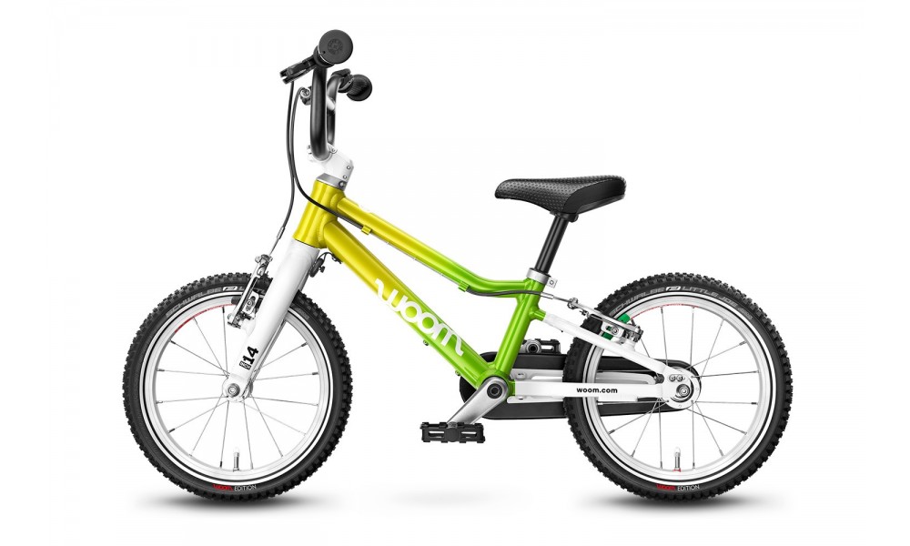 Rower dziecięcy Woom 2 14"  + podpórka Leggie S - zielony-żółty