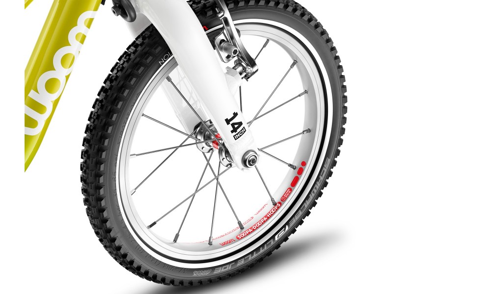 Rower dziecięcy Woom 2 14"  + podpórka Leggie S - zielony-żółty